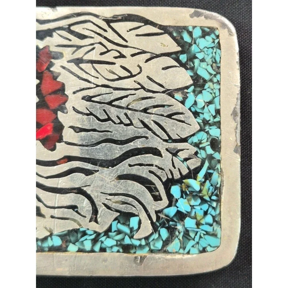 Vtg Rare Mid Century Native American Chief Belt Buckle Silver Toned Turquoise